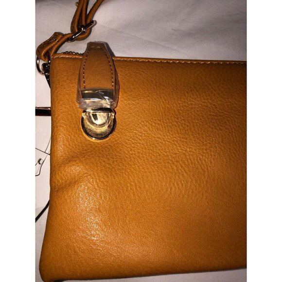 Crossbody Bag Adjustable Clutch Golden Tan Vegan Leather Wristlet Small Zip NEW - Picture 3 of 9